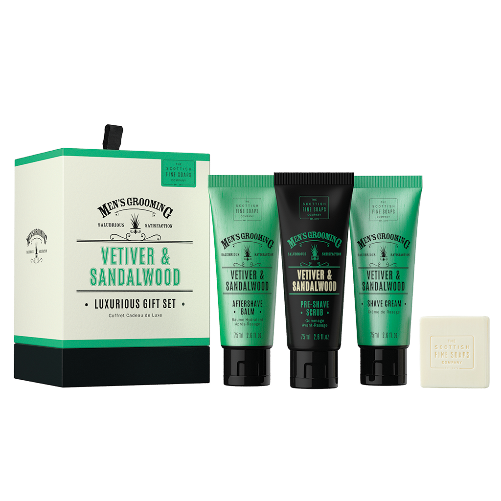 Scottish Fine Soap - Vetiver & Sandelwood - Luxurious Gift Set - Herrengeschenkset 4 Teilig
