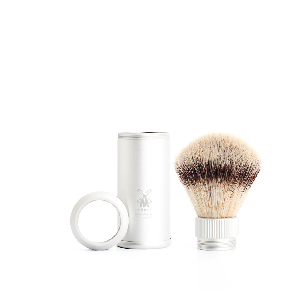 MÜHLE SHAVING - TRAVEL Reiserasierpinsel mit Silvertip Fibre®, Griffe aus eloxiertem Aluminium, im Travelformat
