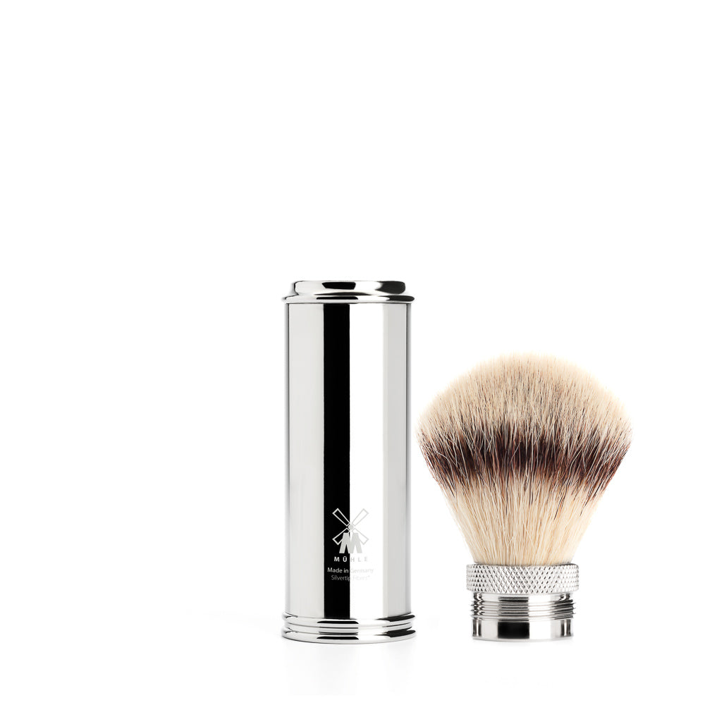 MÜHLE  SHAVING -  TRAVEL Reiserasierpinsel mit Silvertip Fibre®, Griffe aus Chrom, im Travelformat