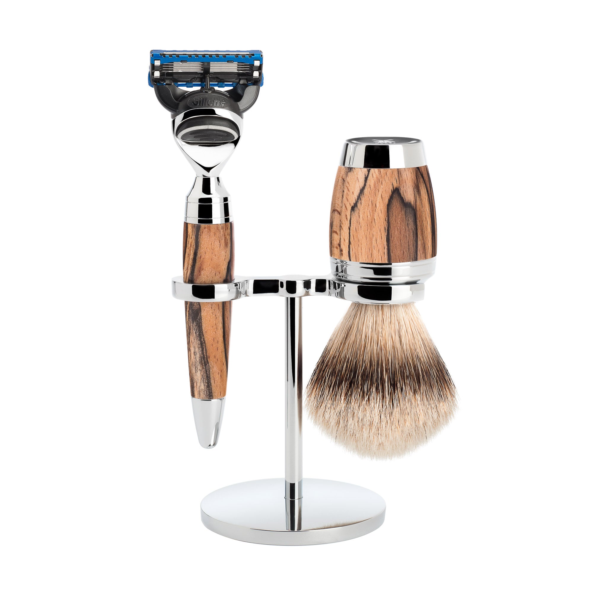 MÜHLE Rasierset  STYLO  Silberspitz Dachszupf, mit Gillette® Fusion™, Griffmaterial Gestockte Buche S 091 H 72 F